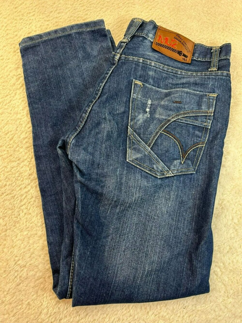 M2 Men’s Distressed Denim Jeans Blue Straight Fit Size 34 Pre-Owned